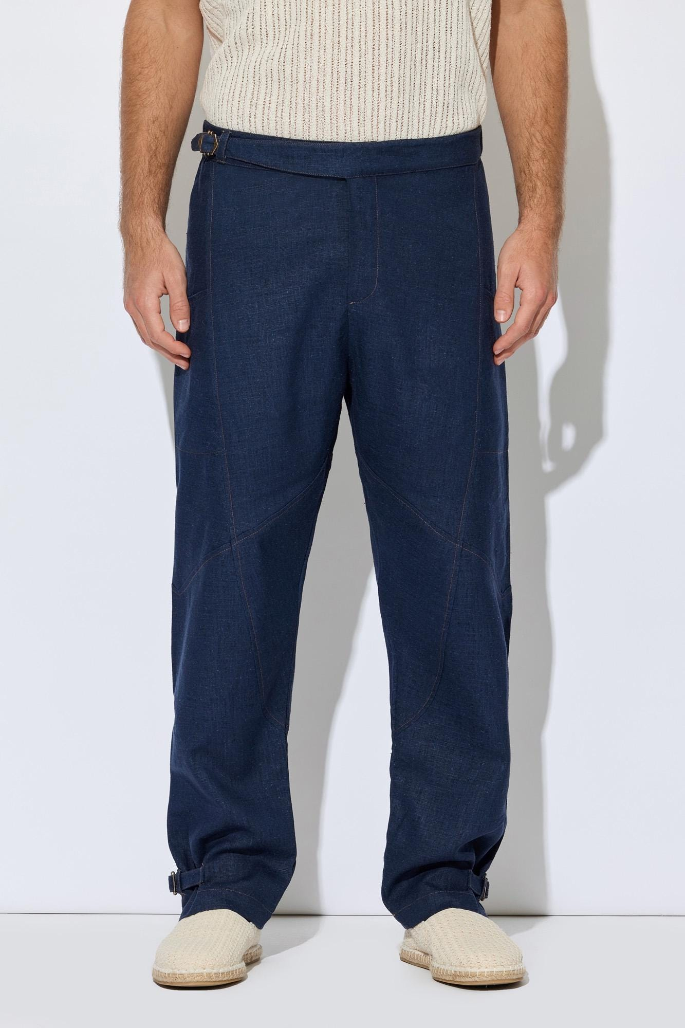 Navy Blue Linen Wrap Waist Relaxed Pants