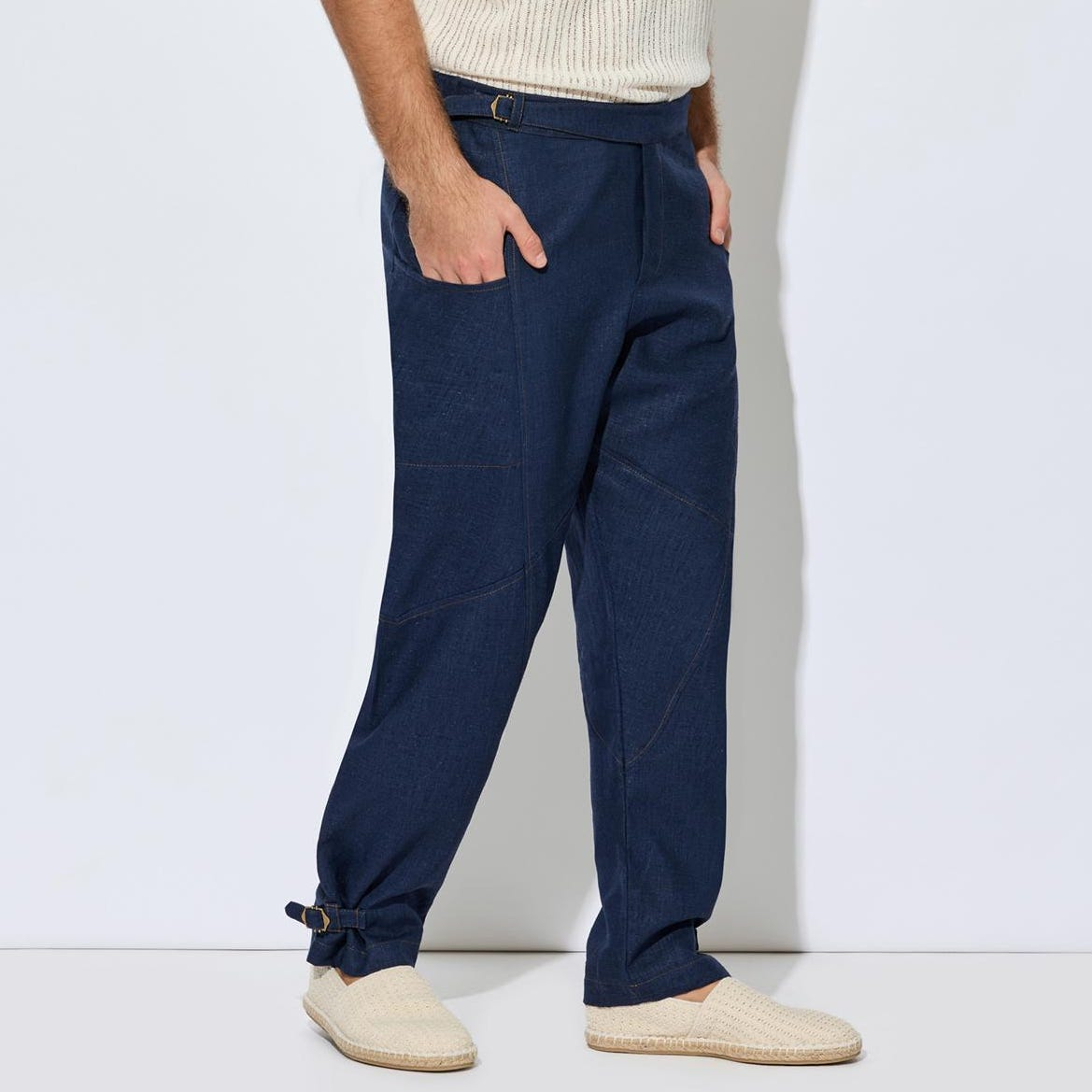 Navy Blue Linen Wrap Waist Relaxed Pants - Image 3