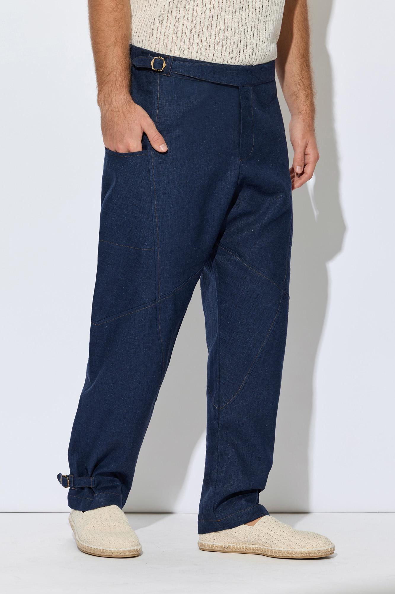 Navy Blue Linen Wrap Waist Relaxed Pants - Image 4