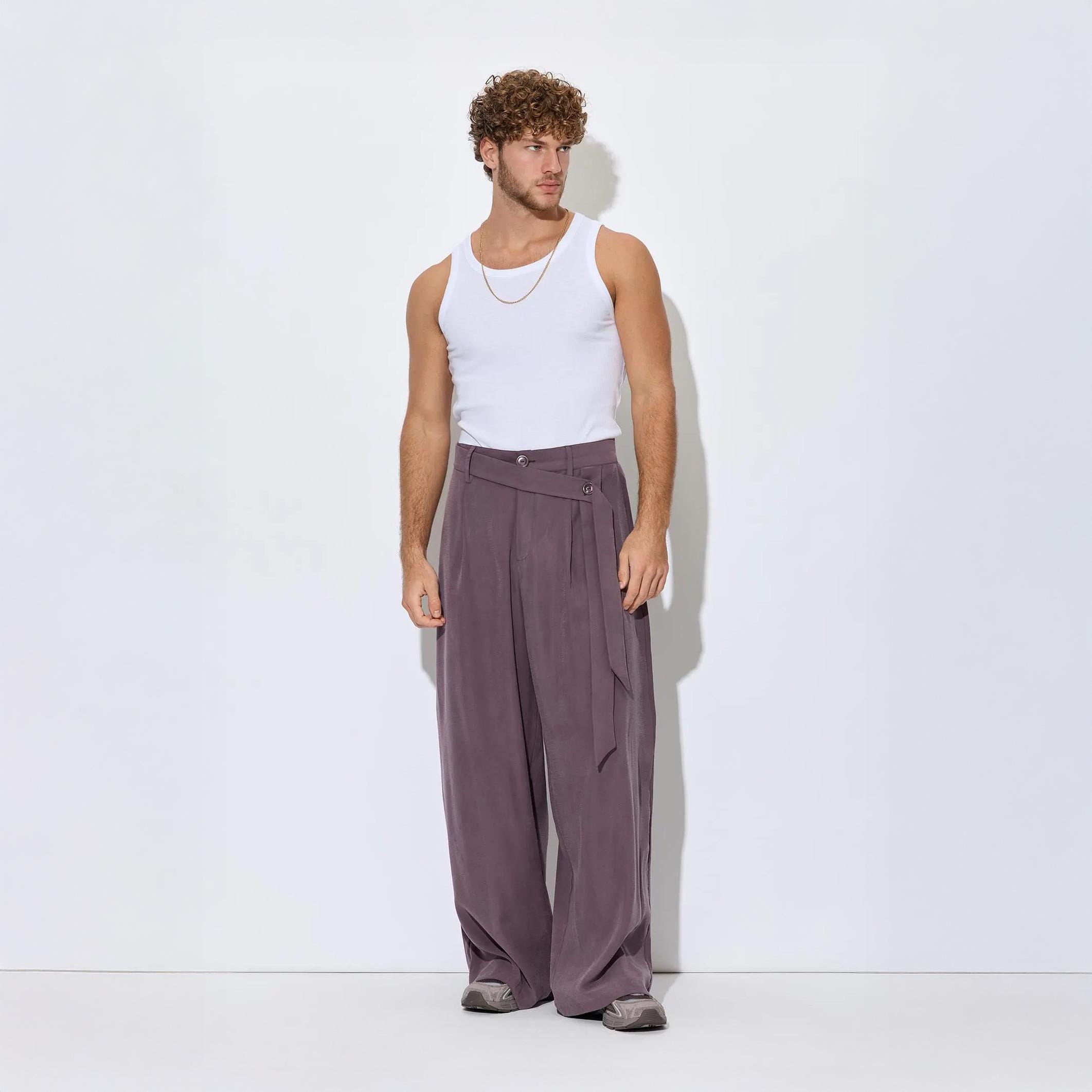 Dusty Plum Modal Wrap Waist Wide Leg Pants - Image 5