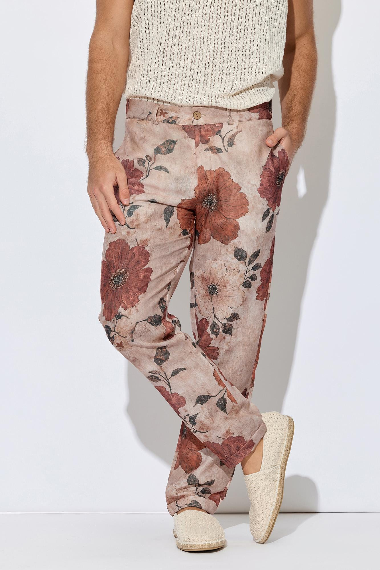Vintage Blush Floral Linen Blend Straight Leg Pants - Image 2