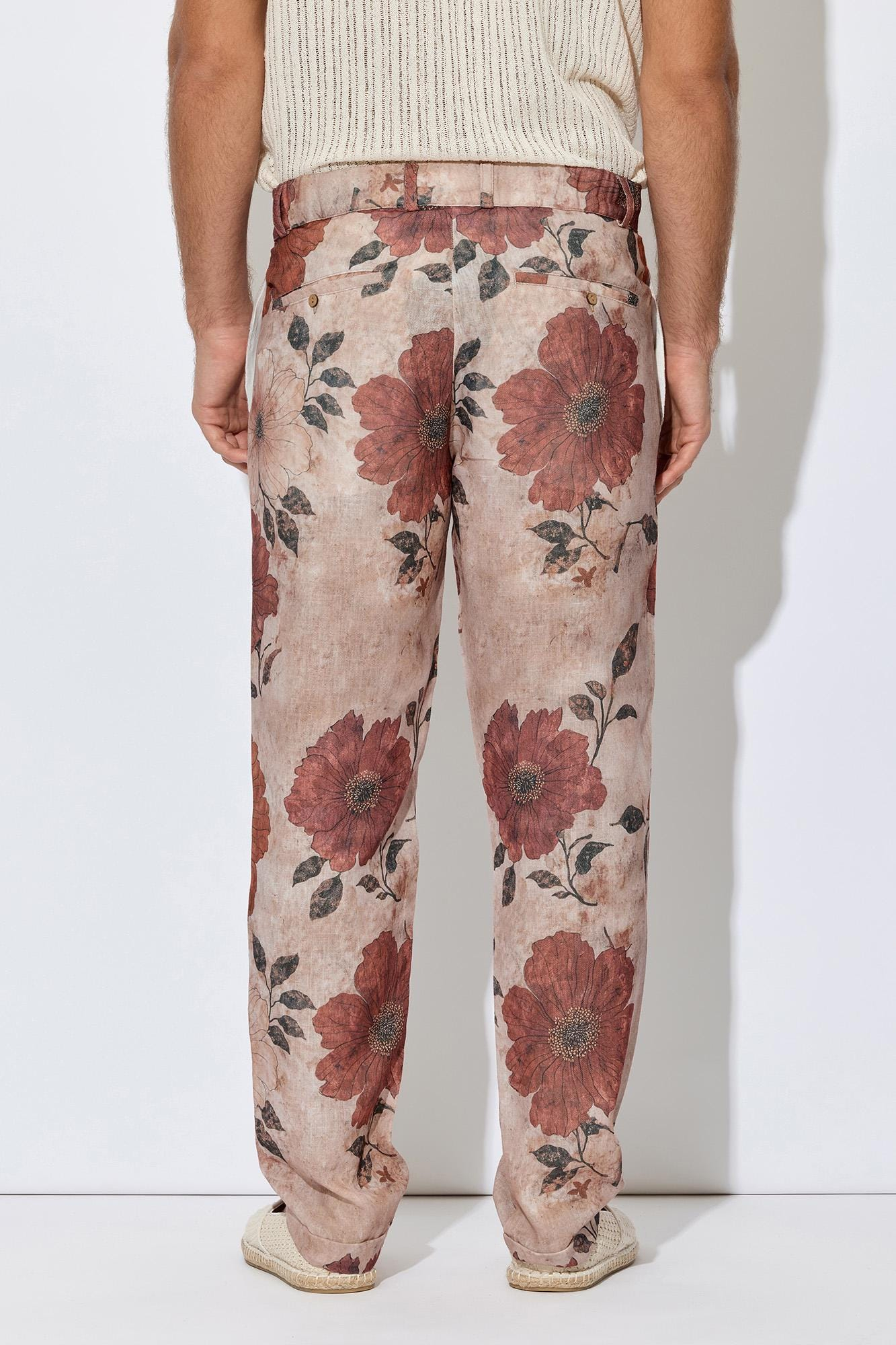 Vintage Blush Floral Linen Blend Straight Leg Pants - Image 3