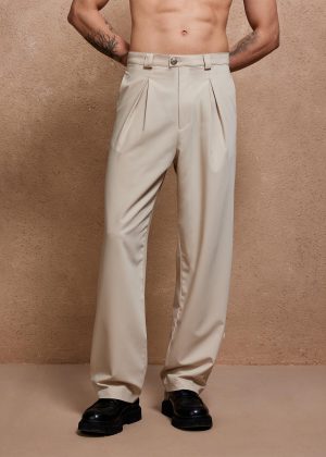 Ivory Beige Linen Pleated Straight-Leg Pants