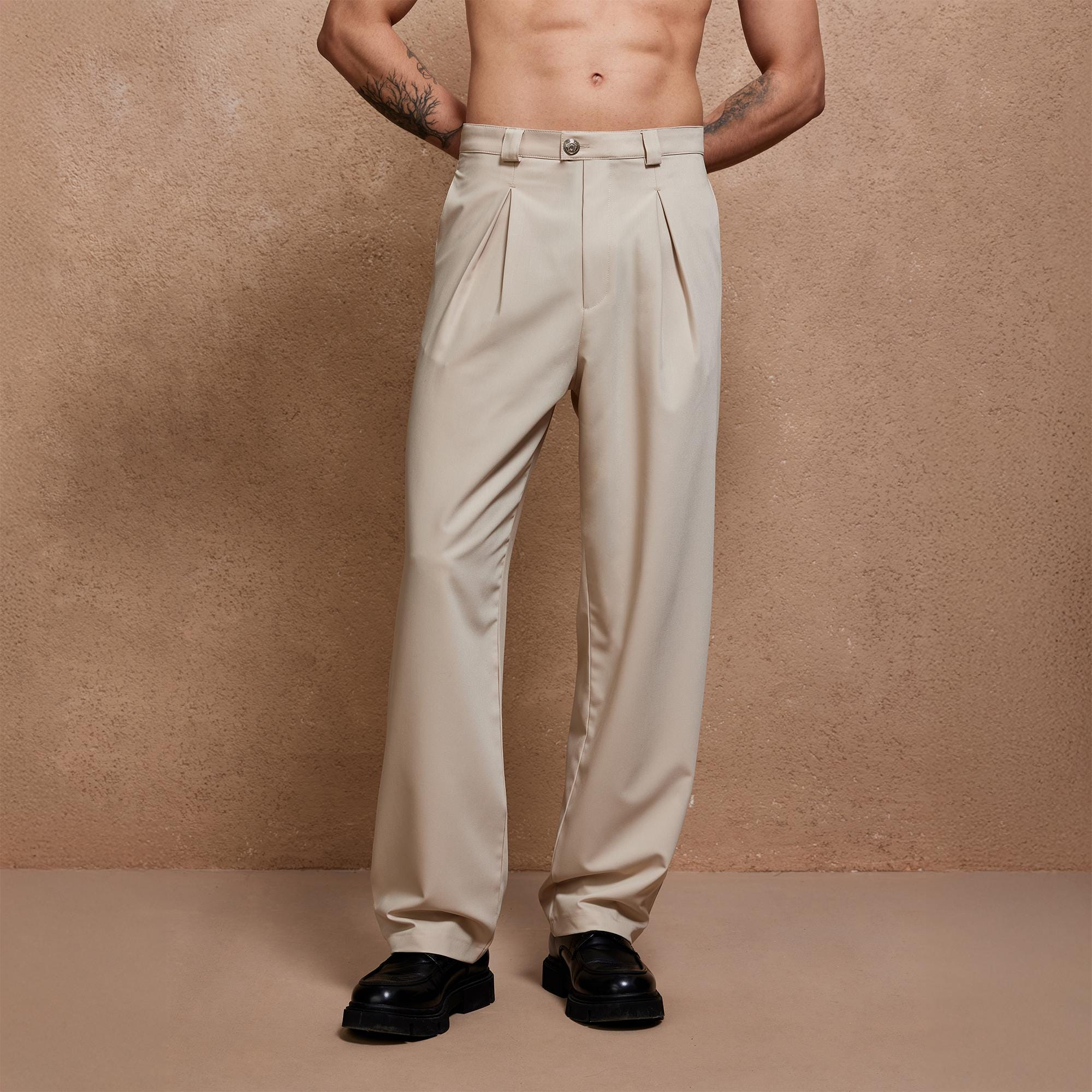 Ivory Beige Linen Pleated Straight-Leg Pants