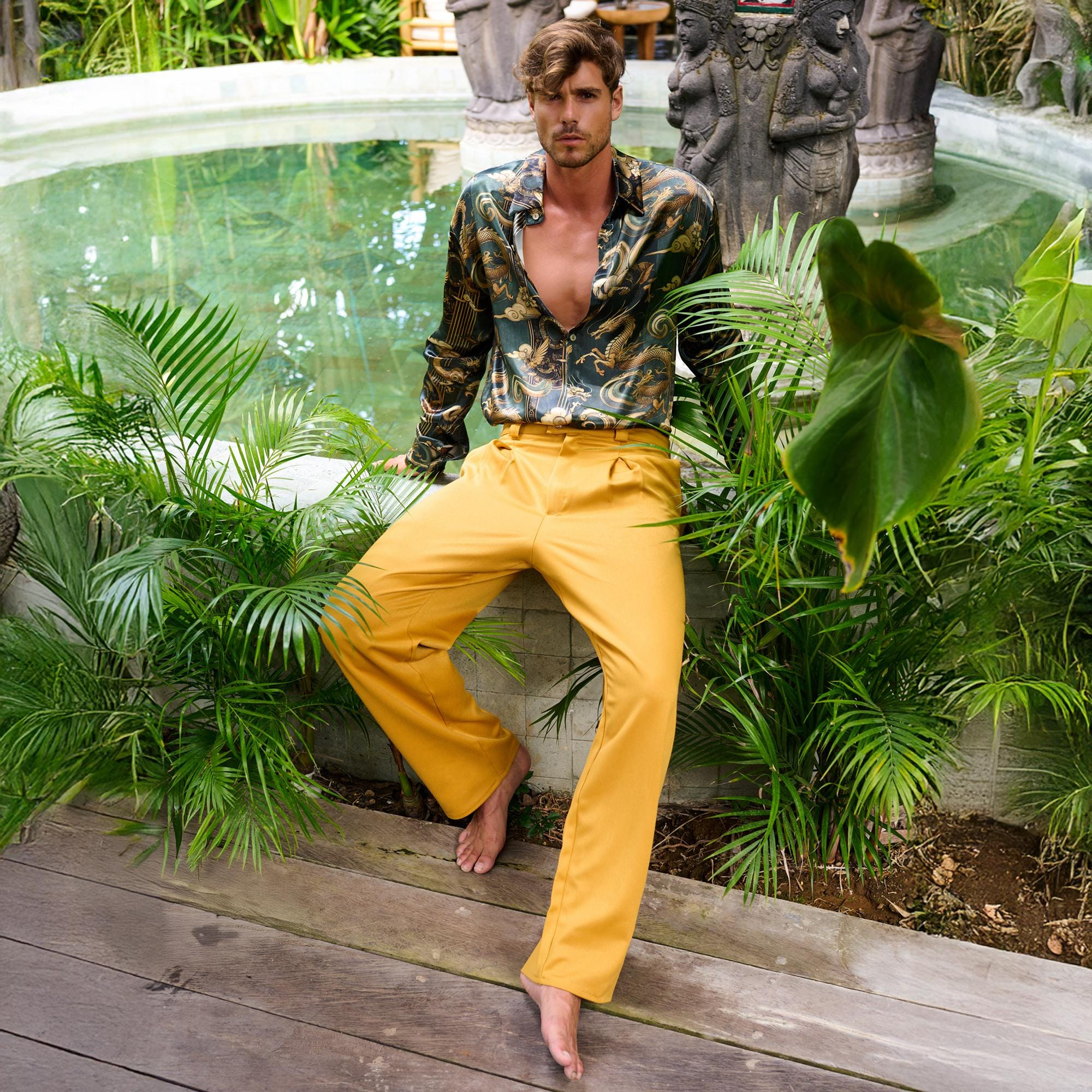 Mustard Yellow Pleated Wide Leg Pants - Image 3