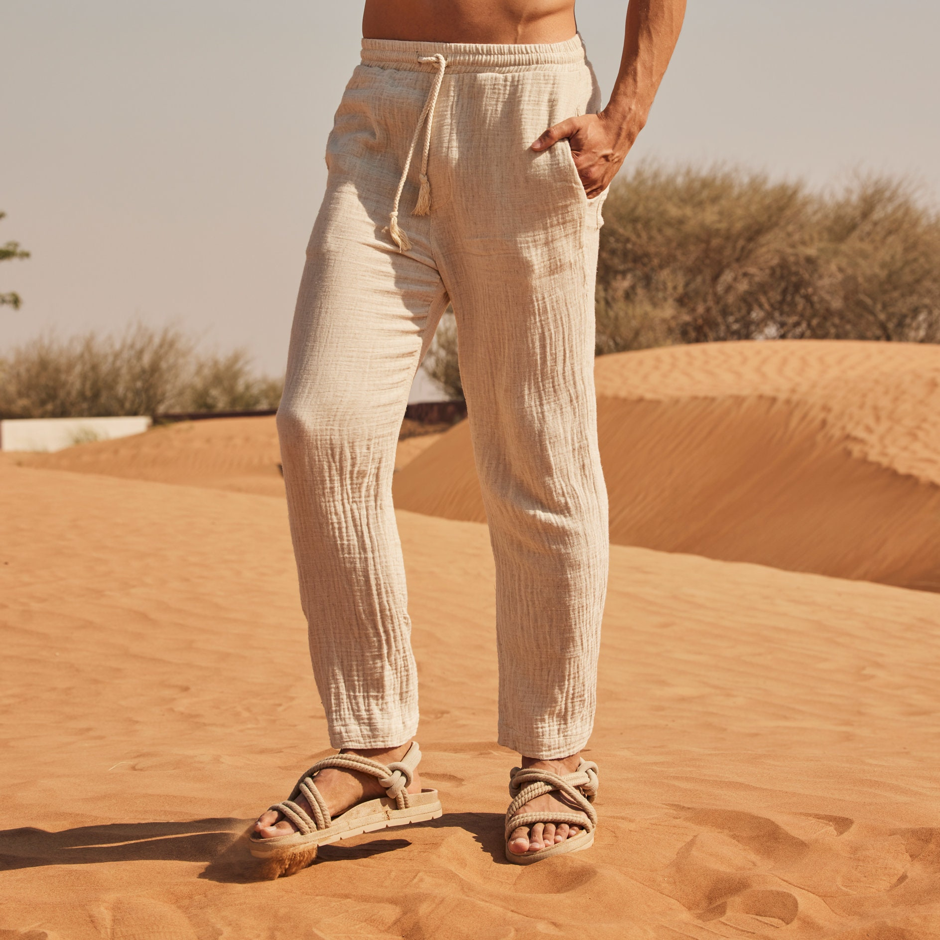 Natural Ivory Cotton Linen Drawstring Tapered Pants