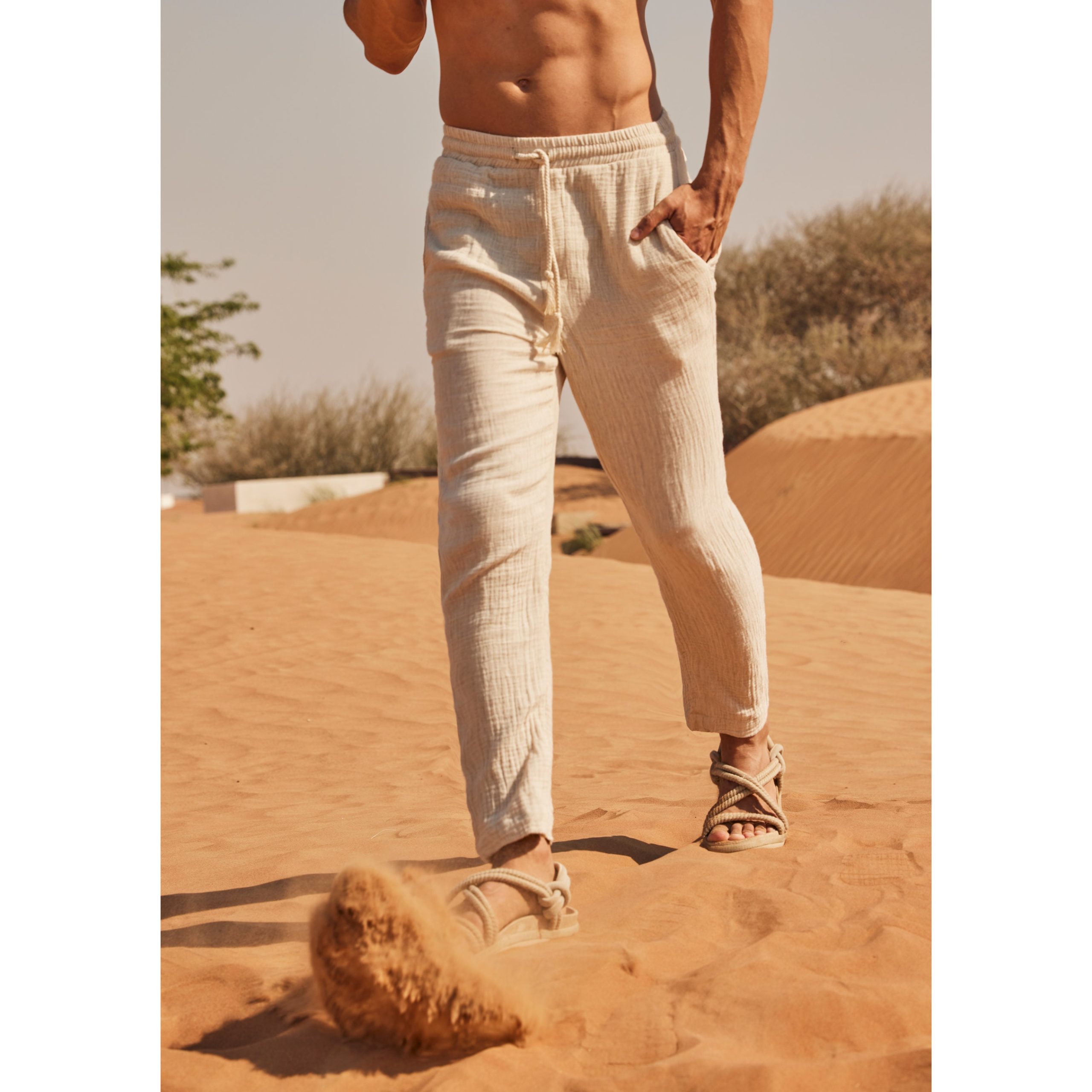Natural Ivory Cotton Linen Drawstring Tapered Pants - Image 3