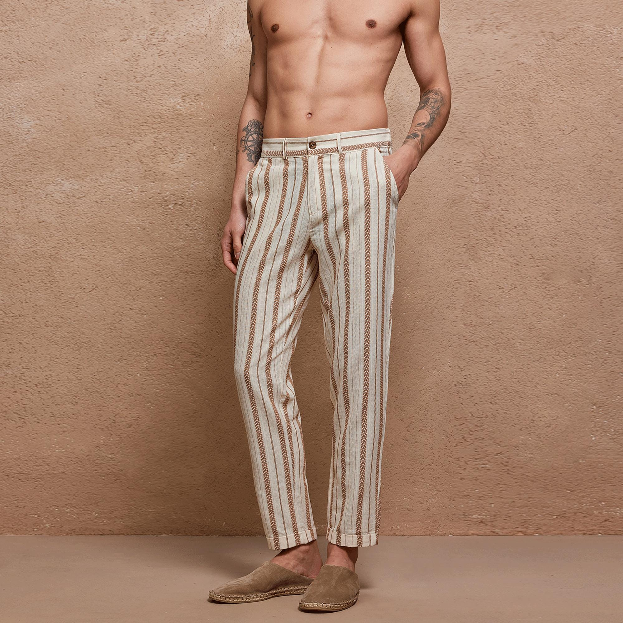Natural Beige Striped Linen-Blend Pleated Pants - Image 2