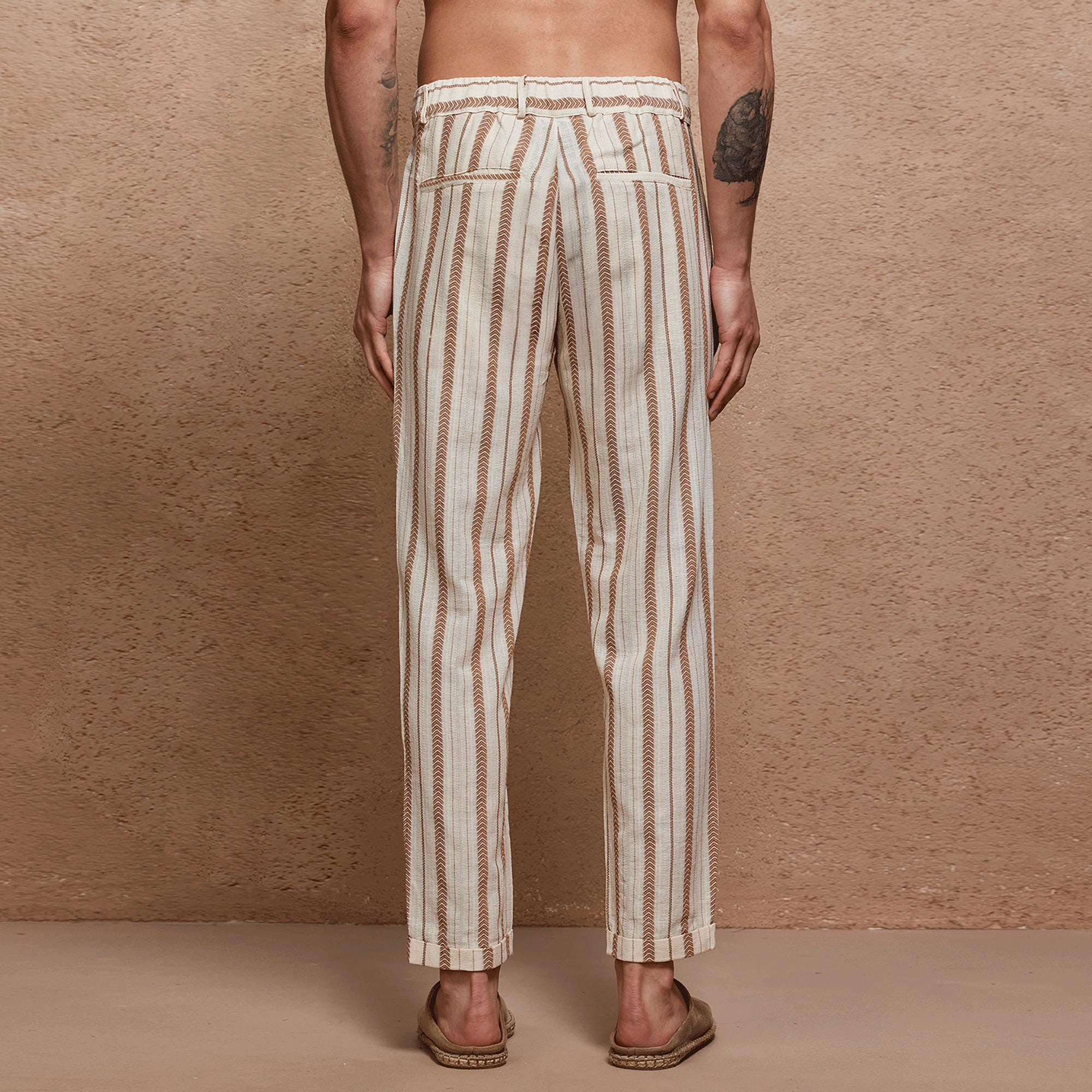 Natural Beige Striped Linen-Blend Pleated Pants - Image 4