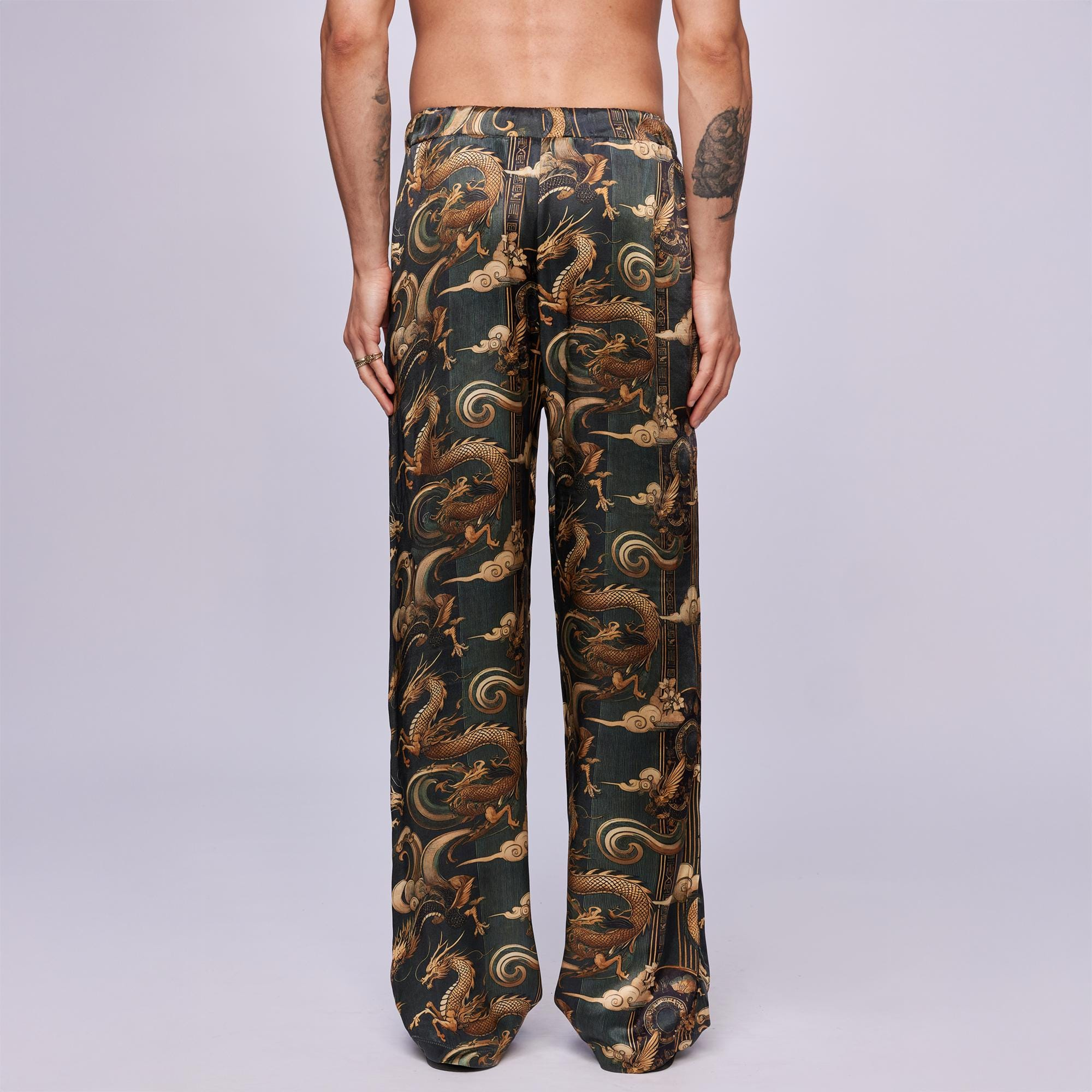 Black and Gold Dragon Print Drawstring Straight Leg Pants - Image 5