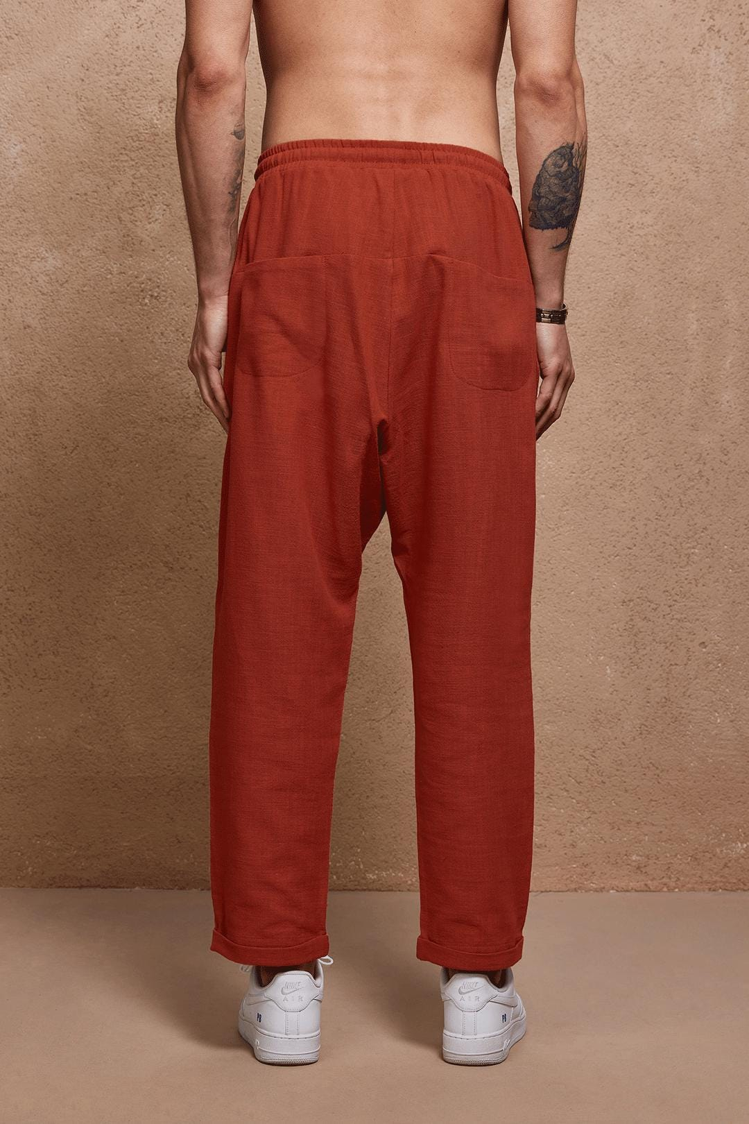 Burnt Orange Linen Drop Crotch Tapered Pants